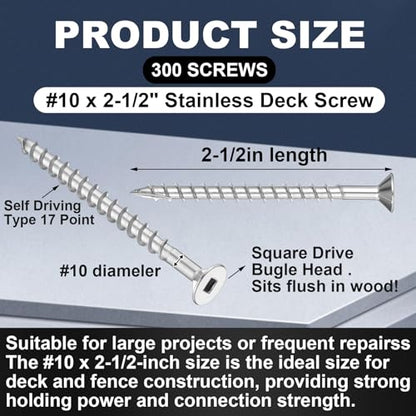 Blulu 300 Pcs 10 x 2‑1/2" Deck Screws, 304 Stainless Steel Nails for Deck