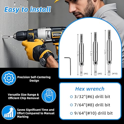 Self Centering Drill Bit Set – 3/32", 7/64", 9/64" Self Centering Drill Bit 1/4" Hex Shank VIX Bit with 1 Hex Key for #6 8 10 Screws – Perfect for Woodworking Door & Window Hinge Installation (6 PCS)