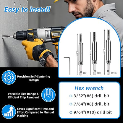 Self Centering Drill Bit Set – 3/32", 7/64", 9/64" Self Centering Drill Bit 1/4" Hex Shank VIX Bit with 1 Hex Key for #6 8 10 Screws – Perfect for Woodworking Door & Window Hinge Installation (6 PCS)