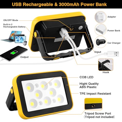 AUMIO USB Rechargeable COB Work Light, 5 Lighting Modes, Compact 180° Stand - color: Yellow