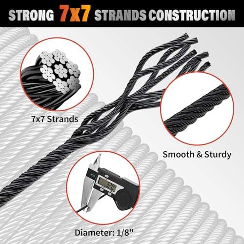 Black Stainless Steel Cable for Railing - 500FT 1/8" T316 Wire Rope - size: 500FT