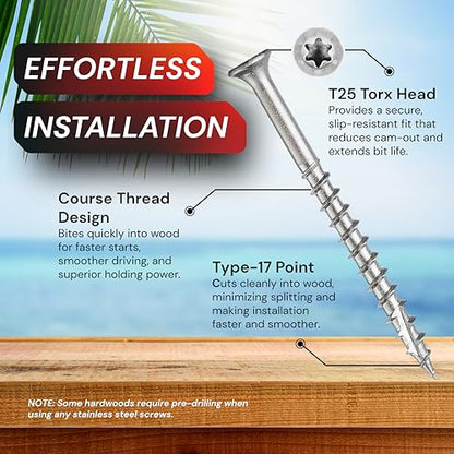 #10 x 2-1/2 Inch Stainless Steel Deck Screws | 304 Grade | 350 Pack | T25 Star Torx Drive | (2) 2" Pro Drive Bits Included | Corrosion Resistance | Outdoor Use (2-1/2") - size: 2-1/2"