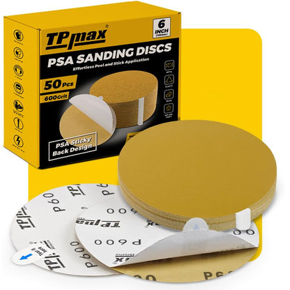 TPmax 6-Inch 600-Grit Gold PSA Sanding Discs, 50 Pack – Pro-Grade Self-Adhesive Stickyback Sandpaper with Quick-Release Tabs for DA Sander, Micro-Finishing Automotive/Wood/Metal Sanding - style: 600 Grit