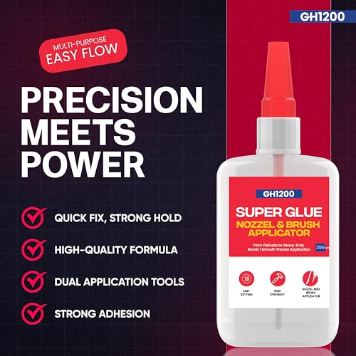 GH1200 2 PCs (2-in-1) Super Glue with Brush Applicator & Nozzle, Mess Free Superglue Brush, Instant Never Dries, 3000 CPS Ca Glue, No Stain Clear Glue, Super Glue for Plastic, Rubber & More - style: 20g x 2Pcs Super Glue Brush & Nozzle