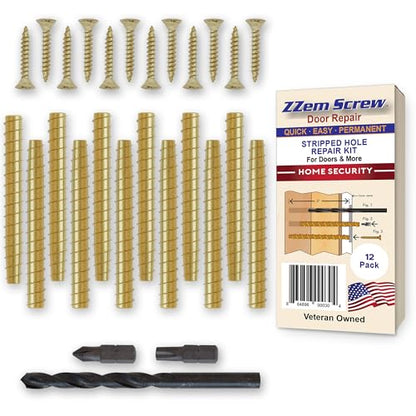 Brass 12-Pack #9 x 3 Permanent Stripped Door Hinge Screw Hole Repair Kit