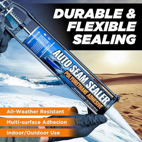 [White] 2 Pack Professional Automotive Seam Sealer, Paintable Quick-Set Polyurethane Auto Body Filler Seam Sealer for Metal Surfaces of Cars, Trucks, Etc, with Tip & Gloves - RV Roof White Sealant - color: White