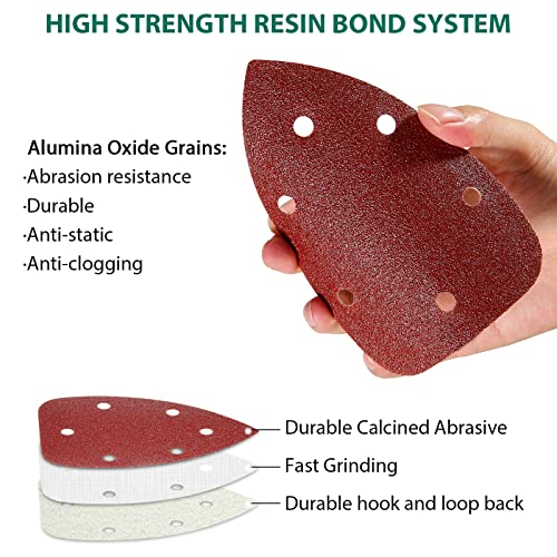 60PCS Triangular Sander Sandpaper, HYCHIKA Detail Sander Sandpaper Assorted 60/80/100/120/180/240 Grits with 6 Holes for Wood Sanding, Fit 3.92inch Qscillating Multi Tool Sander Machine - style: Detail Sander
