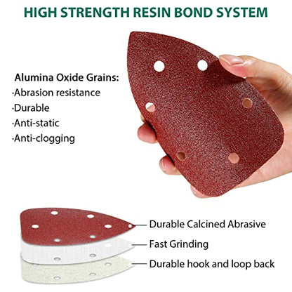 60PCS Triangular Sander Sandpaper, HYCHIKA Detail Sander Sandpaper Assorted 60/80/100/120/180/240 Grits with 6 Holes for Wood Sanding, Fit 3.92inch Qscillating Multi Tool Sander Machine - style: Detail Sander