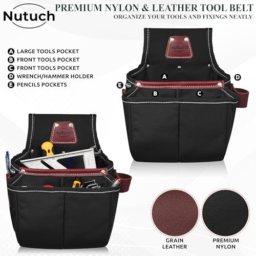 Nylon and Leather Tool Belt | Nylon Tool Pouch | Carpenter | Construction | Framers | Electrician Tool Belts | Drywall Tool Bags (BLACK)