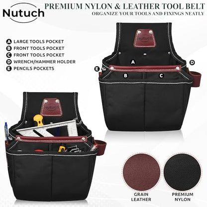 Nylon and Leather Tool Belt | Nylon Tool Pouch | Carpenter | Construction | Framers | Electrician Tool Belts | Drywall Tool Bags (BLACK)