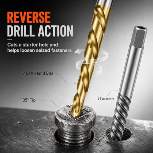 QWORK 14-Piece Damaged Screw Extractor Set with Left-Hand HSS Drill Bits - Removing Broken Bolts Kit for Men - Gift-Ready with Storage Box