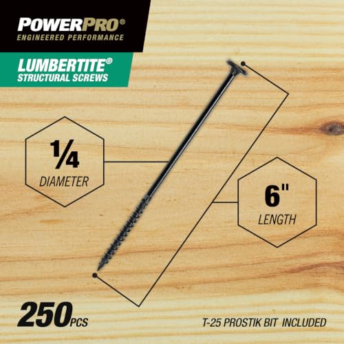 Power Pro LumberTite Structural Screws, 1/4in x 6in, 250 Pieces, Black - size: 1/4 inch x 6 inch, style: 250pc