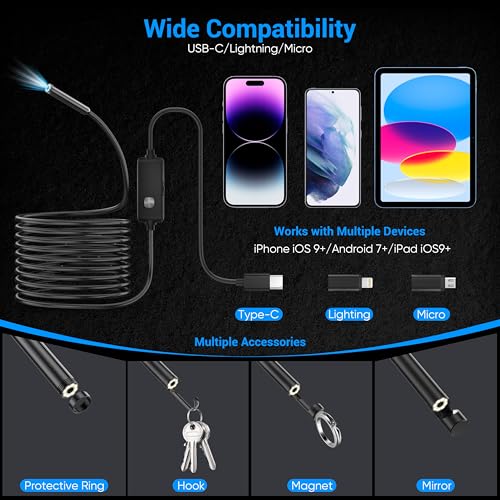 Endoscope Camera with Light,1920P HD Borescope with 8 Adjustable LED Lights
