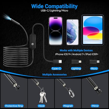 Endoscope Camera with Light,1920P HD Borescope with 8 Adjustable LED Lights