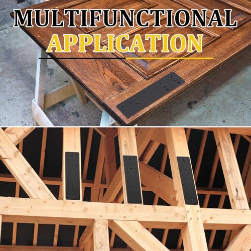 Tandefio 12 Pcs 10"x3" Straight Steel Flat Plates Black Metal Mending Plate with Hole Fixing Joining Bracket with 144 Pcs Screws for Wood Furniture, Repair House, Pavilion, Truss Framing