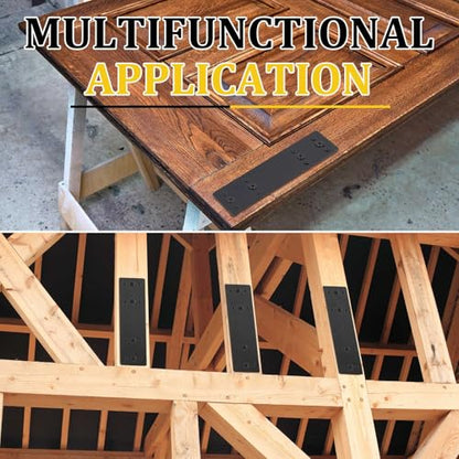 Tandefio 12 Pcs 10"x3" Straight Steel Flat Plates Black Metal Mending Plate with Hole Fixing Joining Bracket with 144 Pcs Screws for Wood Furniture, Repair House, Pavilion, Truss Framing