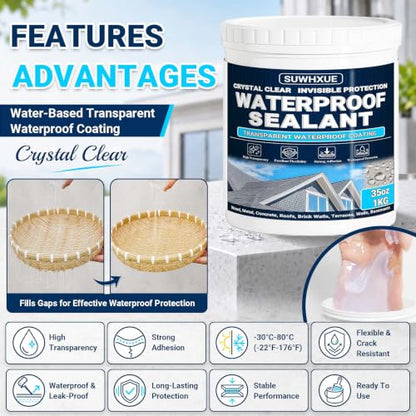 Clear Waterproof Sealant, SUWHXUE 35oz/1KG Water-Based Transparent Waterproof Leak Repair Coating, Invisible Flexible Sealant for Concrete Walls Wood Metal Roof Water Sealer Indoor & Outdoor - size: 35 Oz