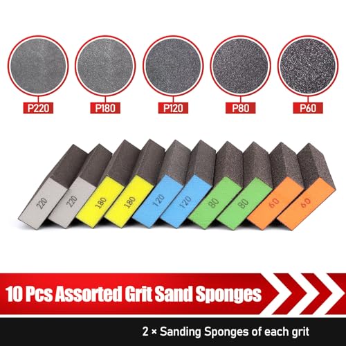 BOSHCRAFT 10 Pcs Sanding Sponge, Washable and Reusable Sanding Block 60/80/100/120/180/220 Grit Sand Paper Assortment for Wood Drywall Metal Glasses Sandpaper Block Sand Paper Brick - size: 10 Pack-Square