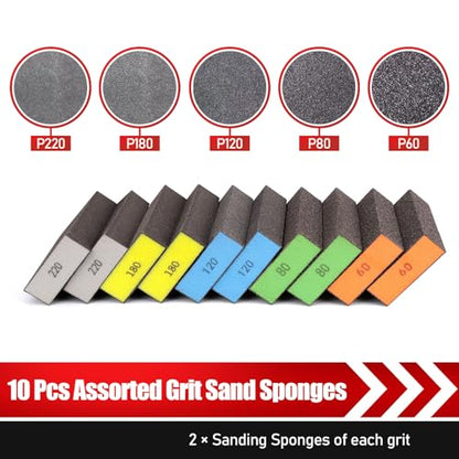 BOSHCRAFT 10 Pcs Sanding Sponge, Washable and Reusable Sanding Block 60/80/100/120/180/220 Grit Sand Paper Assortment for Wood Drywall Metal Glasses Sandpaper Block Sand Paper Brick - size: 10 Pack-Square