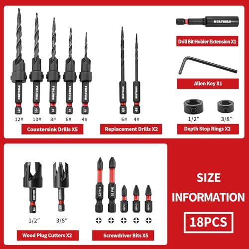 Countersink Bit Set, 18 PCS Counter Sink Drill Bit for Woodworking with 2 Wood Plug Cutters, 1/4" Hex Shank Screwdriver Bits, Depth Stop Collars,82° Counterbore with Storage Case