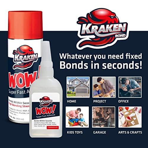 Kraken Bond Wow! CA Glue (1x1.75 oz) & Activator (1x6.75 fl oz) - Cyanoacrylate Glue for Woodworking, Craft & Repairs | Fast Bonding | 1 Pack - size: 1 Pack
