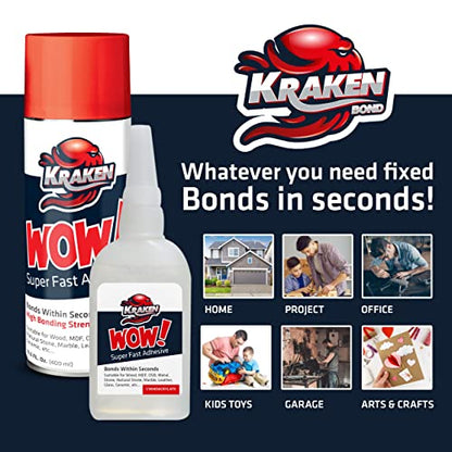 Kraken Bond Wow! CA Glue (1x1.75 oz) & Activator (1x6.75 fl oz) - Cyanoacrylate Glue for Woodworking, Craft & Repairs | Fast Bonding | 1 Pack - size: 1 Pack