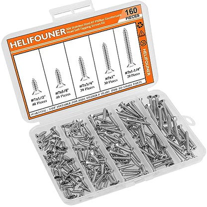 #7 x 1/2" 5/8" 3/4" 1" 1-1/4" Wood Screws Set, HELIFOUNER 160 Pieces Phillips Countersunk Head Self-Tapping Screws Assortment Kit, Phillips Flat Head Wood Screws, 304 Stainless Steel - size: #7