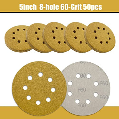 5 Inch Sanding Discs Hook and Loop, 60 Grits 8 Holes Sandpaper Round Orbital Sander Paper for Woodworking Car Boat Metal Polishing, 50pcs - style: 60 grits 50pcs