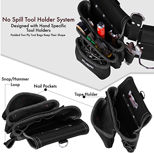 FUERI Construction Tool Belt Tool Rig for Men & Women, Leather Utility Belt Organizer with 17 Pockets, Full-Grain Leather, Double stitching and rivet reinforcement. - color: Black Tool Belt