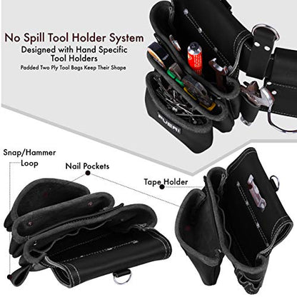 FUERI Construction Tool Belt Tool Rig for Men & Women, Leather Utility Belt Organizer with 17 Pockets, Full-Grain Leather, Double stitching and rivet reinforcement. - color: Black Tool Belt