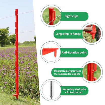 50PCS 48" Plastic Step-in Electric Fence Posts with Clips, Red - color: Red-50PCS