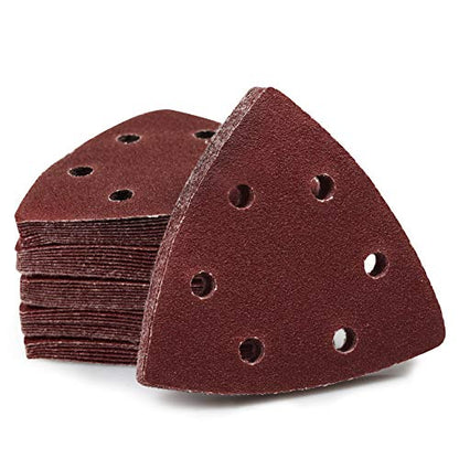 SPEEDWOX 50 Pcs Triangle Sanding Pads Hook and Loop 100 Grit Oscillating Sanding Pad 90mm 6 Holes Fit 3-1/2 Inches Oscillating Multi Tool Detail Sander Sandpaper Triangle Sanding Discs Sanding Tool - style: 100 Grit
