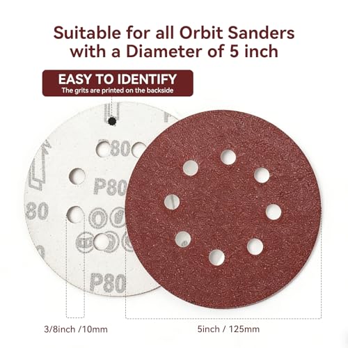 165 PCS 5 Inch Hook and Loop Sanding Discs with 8 Holes (Mix Grit-165pcs)