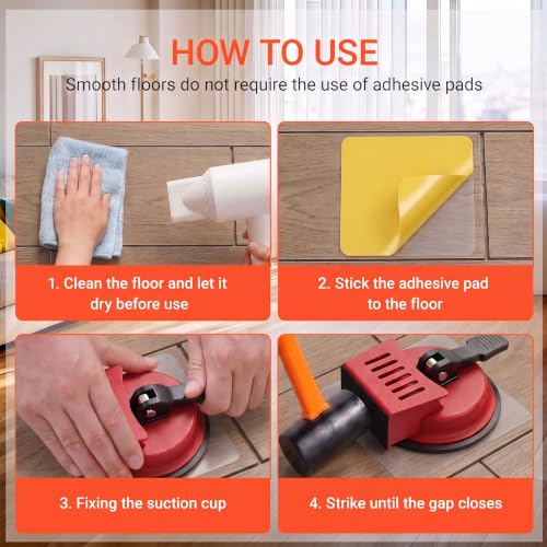 Heavy Duty Floor Gap Fixer Tool, 176 LBS Vacuum Suction Cup - Fix Floor Gaps Fast with 15 Sticky Pads & Scraper for Vinyl Plank Flooring, Red LVP Laminate Repair Kit, Wood Plank Grabber (No Hammer)