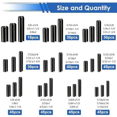 370Pcs Roll Pin Assortment Kit SAE Slotted Spring Pins 10-Sizes 1/16 5/64 3/32 1/8 5/32 3/16 7/32 1/4 5/16 3/8 Inch for for Home Improvement Automotive Repair - size: 370Pcs