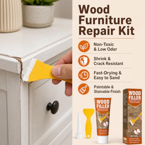 Wood Filler, 7.76 oz Paintable Wood Putty, Stainable, Shrink & Crack Resistant, Quick Repair for Cracks, Holes and Scratches on Wooden Furniture, Cabinets, Doors, Floors- Indoor & Outdoor(White)