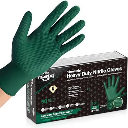 TitanFlex Heavy Duty Industrial Nitrile Gloves with Raised Diamond Texture, 8-mil, Latex Free (Green/Dark Green/Yellow) - color: 04 Dark Green (50ct), size: Medium