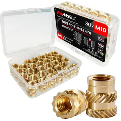 M10 Threaded Inserts-30 Pieces M10x12x12 Heat-Set Insert Brass Knurled Nuts Big Size for 3D Printing Components and Plastic Parts - size: M10x12x12mm