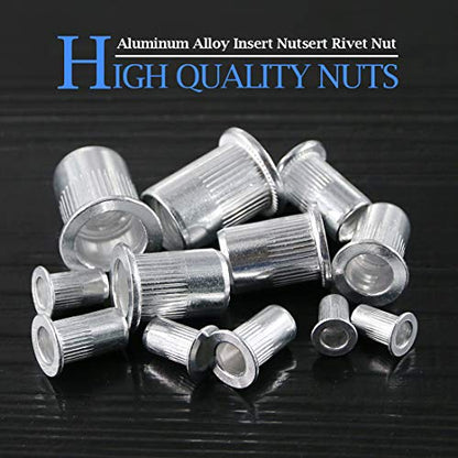 Glarks 110Pcs Aluminum Alloy M3 M4 M5 M6 M8 M10 Flat Head Metric Threaded Rivetnut Insert Nutsert Rivet Nut Assortment Kit