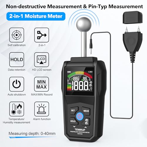 Pin & Pinless Moisture Meter with Color LCD & Acoustic Alarm, Detects up to 20-40 mm; Digital Moisture Detector for Wood, Drywall, Masonry & Other Building Materials