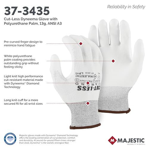 Majestic Cut-Less Dyneema Glove with Polyurethane Palm | 12 Pairs - SM | 13 Gauge Liner, ANSI A3, Lightweight Comfort, Breathable, White/White | for Automotive, Industrial, Manufacturing | 37-3435 - size: Small