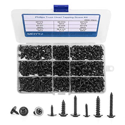 540pcs M2.3 M3 M4 Phillips Truss Head Tapping Screw Wafer Head with Washer, Self Tapping Screw Assortment Kit, Black Carbon Steel. - color: Black