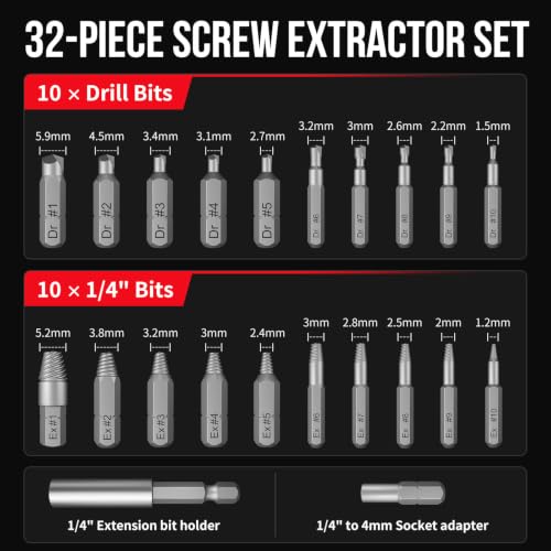 STREBITO 32PCS Damaged Screw Extractor Set, Stripped Screw Extractor(Red) - color: Red