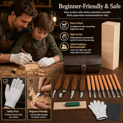 26Pcs Deluxe Wood Carving Kit, Whittling Knife Set with Leather Storage Case, Basswood Blocks & Safety Gloves, Woodworking Tools for Beginners Adults Kids, DIY Craft Gift for Men Teens
