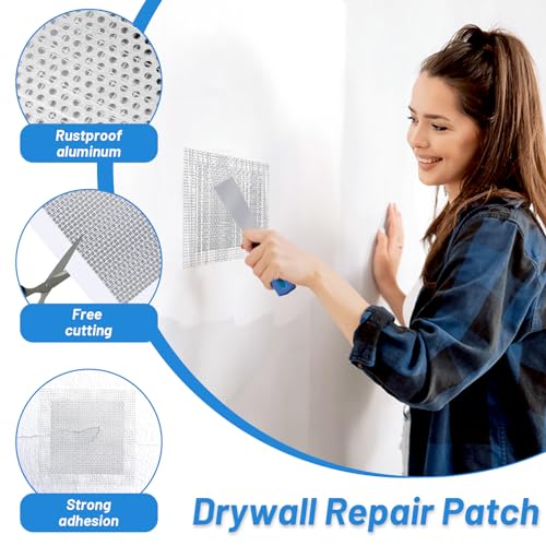 12 PCS 4/6/8 Inch Wall Repair Patch Kit, Aluminum Mesh Dry Wall Hole Repair Patch with Scraper Sandpapers Gloves Heavy Duty Wall Repair for Large Holes Quick Fixes - color: 12 PCS 4/6/8inch Wall Repair Patch Kit