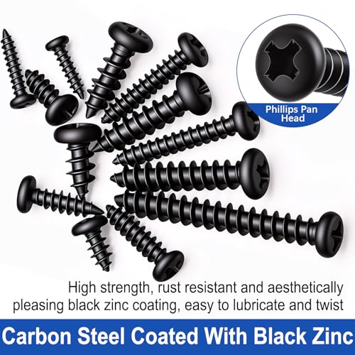Taiss 685PCS M2 M3 M4 Phillips Pan Head Self Tapping Wood Screws Assortment Kit,14 Sizes Self Tapping Screws for Plastic,Cross Recessed Carbon Steel Black Screws for Wood,Plastic - size: 685PCS