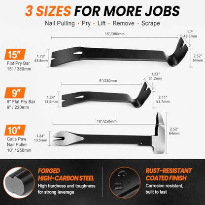 Lytool 3 Pcs Nail Puller & Cats Paw Pry Bar Set for Woodworking (9,10,15")