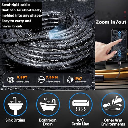 Endoscope Camera with Light, 1920P HD Borescope Camera with 9.8FT Semi-Rigid Snake Cable, 8 LED Lights IP67 Waterproof Inspection Camera for iPhone Android - style: Dual-Lens-9.8 FT