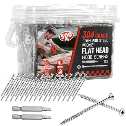 #10x3 Inch 304 Stainless Steel Deck Screws 500 PCS - Corrosion-Resistant Outdoor Wood Fasteners for Fences, Decks, Wood Project - T25 Star Drive Bit - size: #10 x 3" 500Pcs