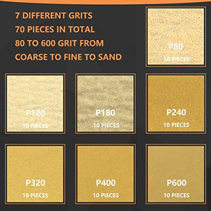 70 Sheets Micro Detail Sander Paper Kit with 3.5”x 1”Hand Sanding Block - style: Yellow 80-600 Grit